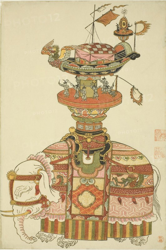 Mechanical Elephant with Festival Barge and Korean Musicians, c. 1765, Attributed to Komatsuya Hyakki, Japanese, 1720–1793 (?), Japan, Color woodblock print, chuban, 28.2 x 19.0 cm (11 1/8 x 7 1/2 in.)