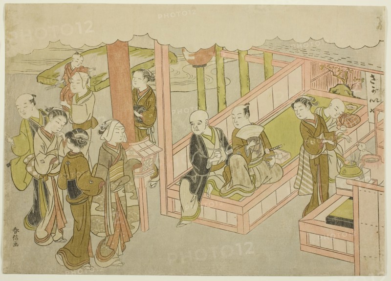 The Introduction (Miai), the first sheet from the series Marriage in Brocade Prints, the Carriage of the Virtuous Woman (Konrei nishiki misao-guruma), c. 1769, Suzuki Harunobu ?? ??, Japanese, 1725 (?)-1770, Japan, Color woodblock print, chuban yoko-e, 7 7/8 x 11 in.
