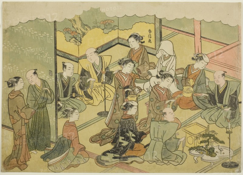 The Ceremonial Sake (Konrei sakazuki), the fourth sheet of the series Marriage in Brocade Prints, the Carriage of the Virtuous Woman (Konrei nishiki misao-guruma), c. 1769, Suzuki Harunobu ?? ??, Japanese, 1725 (?)-1770, Japan, Color woodblock print, chuban yoko-e, 7 7/8 x 11 in., Lobed Dish with Scholars and Attendant in a Garden of Pine and Plum Trees, Ming dynasty (1368–1644), early 15th century, China, Carved cinnabar lacquer, H. 2.6 cm (1 in.), diam. 16.8 cm (6 5/8 in.)