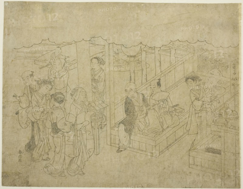 Key block print for The Introduction (Miai), the first sheet from the series Marriage in Brocade Prints, the Carriage of the Virtuous Woman (Konrei nishiki misao-guruma), c. 1769, Suzuki Harunobu ?? ??, Japanese, 1725 (?)-1770, Japan, Woodblock print, key block, chuban, 22.5 x 29 cm (8 7/8 x 11 3/8 in.)