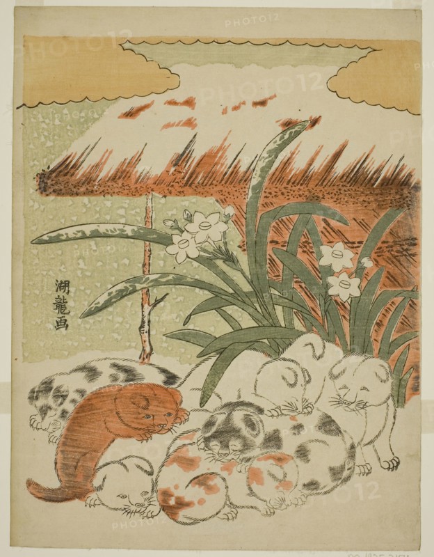 Puppies in the Snow, c. 1773, Isoda Koryusai, Japanese, 1735-1790, Japan, Color woodblock print, chuban, 10 3/8 x 7 3/4 in.