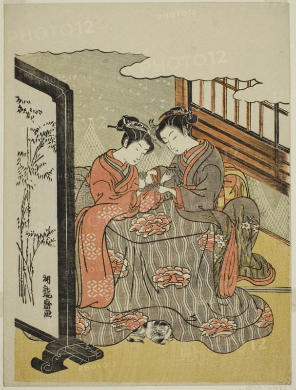 Two Young Women Playing Cat’s Cradle, c. 1769, Isoda Koryusai, Japanese, 1735-1790, Japan, Color woodblock print, chuban, 10 1/4 x 7 3/4 in.