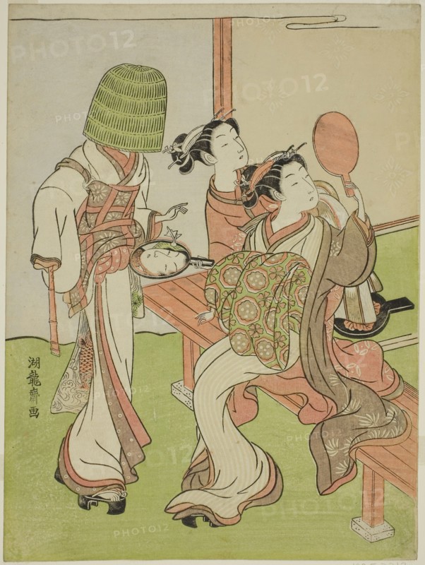 A Courtesan and Her Attendant Using Mirrors to Identify a Mendicant Monk, c. 1772, Isoda Koryusai, Japanese, 1735-1790, Japan, Color woodblock print, chuban, 26.3 x 19.6 cm (10 5/16 x 7 9/16 in.)