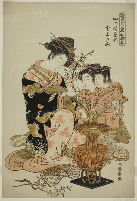 Sayoginu of the Yotsumeya, from the series Models for Fashion: New Designs as Fresh as Young Leaves (Hinagata wakana hatsu moyo), c. 1777, Isoda Koryusai, Japanese, 1735-1790, Japan, Color woodblock print, oban, 15 x 10 in.