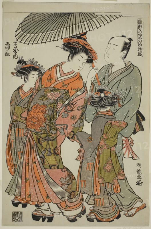 Shioginu of the Tsutaya, from the series Models for Fashion: New Designs as Fresh as Young Leaves (Hinagata wakana no hatsu moyo), c. 1777/78, Isoda Koryusai, Japanese, 1735-1790, Japan, Color woodblock print, oban, 15 x 10 in.