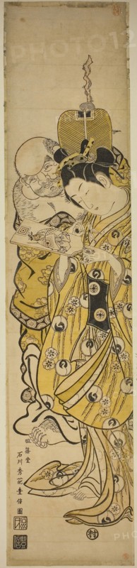 Young Woman and Hotei, c. 1741, Ishikawa Toyonobu, Japanese, 1711-1785, Japan, Hand-colored woodblock print, wide hashira-e, sumizuri-e, 70.9 x 15.9 cm (27 3/4 x 6 1/4 in.)