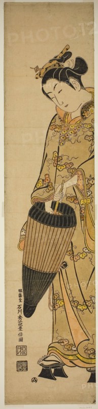 Young Woman with Umbrella, c. 1740s, Ishikawa Toyonobu, Japanese, 1711-1785, Japan, Hand-colored woodblock print, wide hashira-e, urushi-e, 70.4 x 16.0 cm (27 5/8 x 6 1/4 in.)