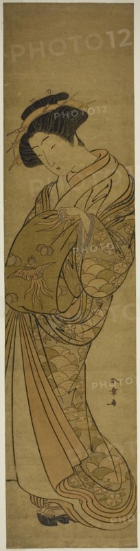 A Courtesan of the Matsubaya, mid–late 1770s, Katsukawa Shunsho ?? ??, Japanese, 1726-1792, Japan, Color woodblock print, wide hashira-e, 67 x 16 cm (27 1/2 x 6 1/2 in.)