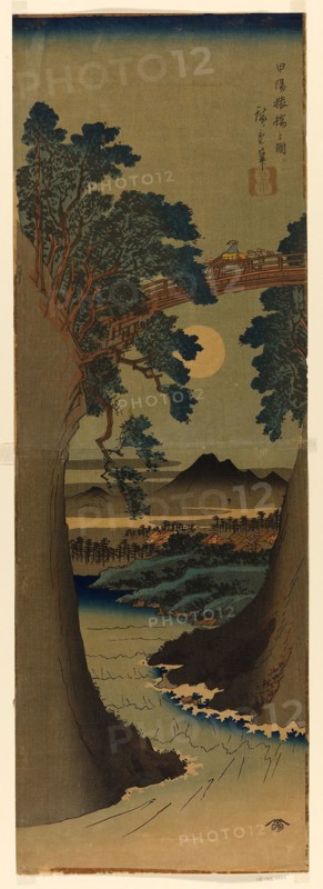 Monkey Bridge in Kai Province (Koyo Saruhashi no zu), c. 1841/42, Utagawa Hiroshige ?? ??, Japanese, 1797-1858, Japan, Color woodblock print, vertical oban diptych, 73 x 25.1 cm (28 3/4 x 9 7/8 in.)