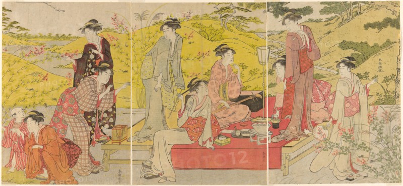 Picnic Party at Hagidera, c. 1785/95, Katsukawa Shuncho, Japanese, active c. 1780-1801, Japan, Color woodblock print, oban triptych, 34.4 x 75.2 cm (overall)