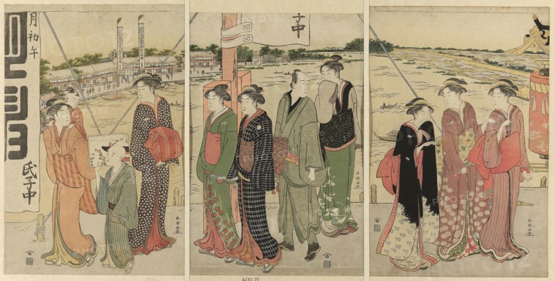 Visit to the Masaki Inari Shrine, 1786, Katsukawa Shuncho, Japanese, active c. 1780-1801, Japan, Color woodblock print, oban triptych, 37.6 x 25.1 cm (right sheet), 37.4 x 24.2 cm (center sheet), 37.6 x 25.6 cm (left sheet)