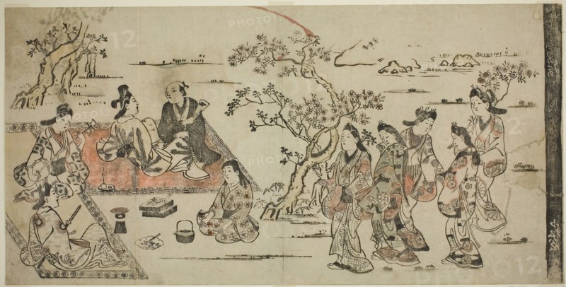 Flower Viewing, 1711 (reprint of 17th century work), Attributed to Hishikawa Moronobu, Japanese, (?)-1694, Japan, Hand-colored woodblock print, o-oban, tan-e, 11 7/8 x 23 3/4 in.