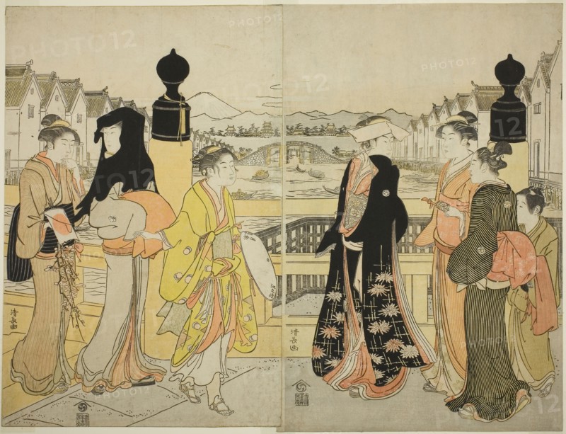 Women Crossing Nihonbashi Bridge, c. 1786, Torii Kiyonaga, Japanese, 1752-1815, Japan, Color woodblock print, oban diptych, 38.7 x 25.6 cm (right sheet), 38.4 x 25.4 cm (left sheet)