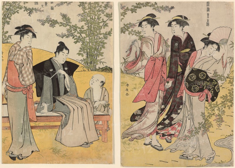 An outing at Hagidera, from the series A Brocade of Eastern Manners (Fuzoku Azuma no nishiki), c. 1783/84, Torii Kiyonaga, Japanese, 1752-1815, Japan, Color woodblock print, oban diptych, 37.8 x 25.8 cm (right sheet), 37.1 x 25.2 cm (left sheet)