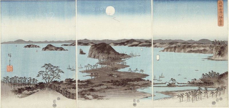 Evening View of Eight Famous Sites at Kanazawa (Buyo Kanazawa hassho yakei), 1857, Utagawa Hiroshige ?? ??, Japanese, 1797-1858, Japan, Color woodblock prints, oban triptych, 35.9 x 74.9 cm (14 1/8 x 29 1/2 in.)