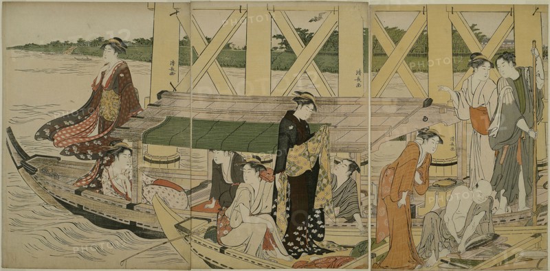 Pleasure Boats below Azuma Bridge, c. 1784, Torii Kiyonaga, Japanese, 1752-1815, Japan, Color woodblock print, oban triptych, 38.7 x 25.8 cm (right sheet), 39.0 x 25.4 cm (center sheet), 39.0 x 26.1 cm (left sheet)
