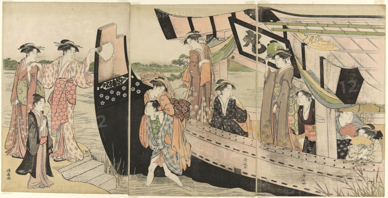 Women Coming Ashore from a Pleasure Boat on the Sumida River, c. 1785, Torii Kiyonaga, Japanese, 1752-1815, Japan, Color woodblock print, oban triptych, 39.4 x 26.4 cm (right sheet), 39.3 x 26.0 cm (center sheet), 39.2 x 26.1 cm (left sheet)