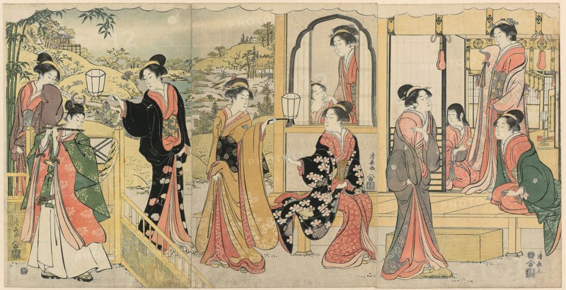 A Modern Version of Ushiwakamaru Serenading Princess Joruri, c. 1785, Torii Kiyonaga, Japanese, 1752-1815, Japan, Color woodblock prints, oban triptych, 37.9 x 24.5 cm (right sheet), 37.9 x 24.7 cm (center sheet), 37.9 x 25.0 cm (left sheet)