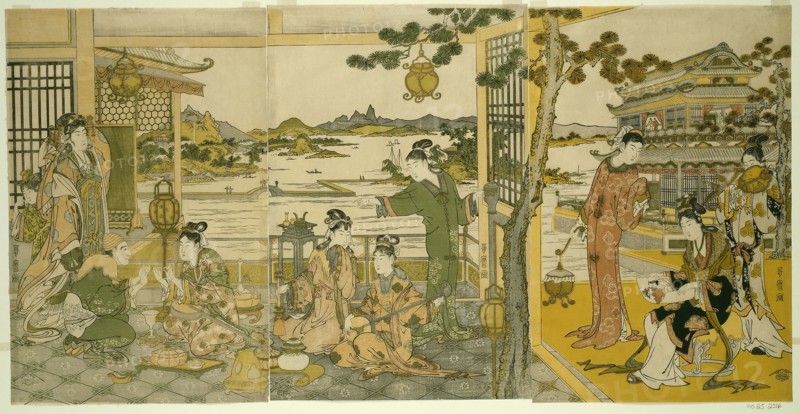 Chinese Beauties at a Banquet, 1788/90, Kitagawa Utamaro ??? ??, Japanese, 1753 (?)-1806, Japan, Color woodblock prints, oban triptych, 37.1 x 75.5 cm