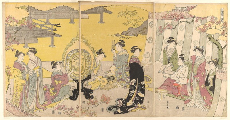 Momiji no ga, from the series A Fashionable Parody of the Tale of Genji (Furyu yatsushi Genji), c. 1789/94, Chobunsai Eishi, Japanese, 1756-1829, Japan, Color woodblock print, oban triptych, 38.9 x 75.8 cm