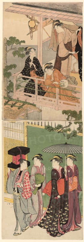A Fan Peddler Passing Beneath a Balcony, c. 1786, Torii Kiyonaga, Japanese, 1752-1815, Japan, Color woodblock prints, vertical oban diptych, 38.1 x 25.9 cm (top sheet), 38.5 x 26.2 cm (bottom sheet)