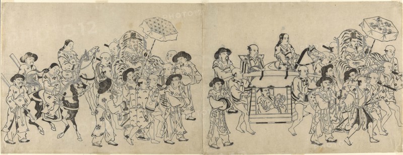 Arrival of the Korean Embassy in Edo, c. 1709, Torii Kiyonobu I, Japanese, 1664-1729, Japan, Woodblock print, oban sumizuri-e, 1 of 6 sheets from a 12-sheet composition (see 1925.2334a-f), 28 x 36.5 cm (11 1/24 x 14 3/8 in.)