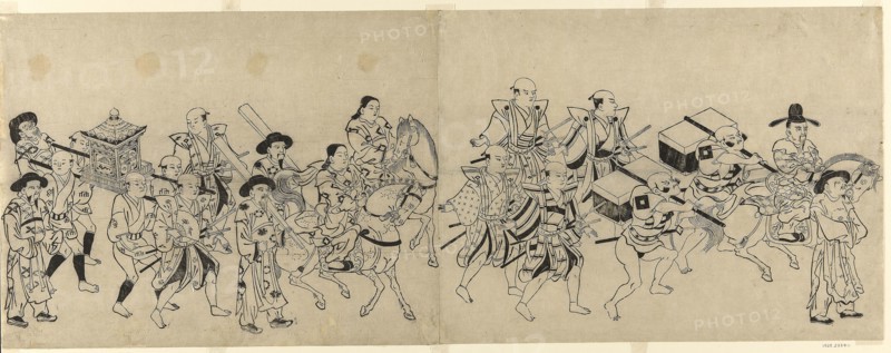 Arrival of the Korean Embassy in Edo, c. 1709, Torii Kiyonobu I, Japanese, 1664-1729, Japan, Woodblock print, oban sumizuri-e, 1 of 6 sheets from a 12-sheet composition (see 1925.2334a-f), 28 x 36.5 cm (11 1/24 x 14 3/8 in.)