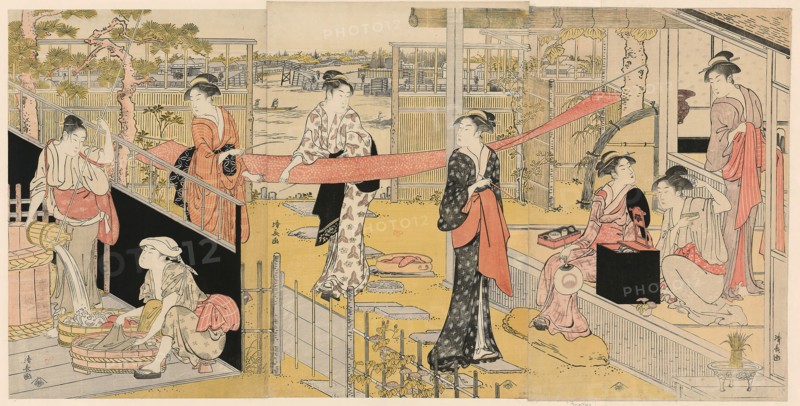 Women Washing Clothes, c. 1788, Torii Kiyonaga, Japanese, 1752-1815, Japan, Color woodblock print, oban, triptych, 38.7 x 25.8 cm (right sheet), 39.0 x 25.7 cm (center sheet), 38.1 x 25.4 cm (left sheet)