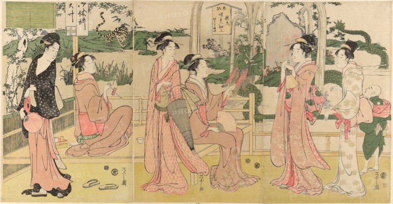 Women viewing dragon and tiger made of tobacco pouches, c. 1795, Chobunsai Eishi, Japanese, 1756-1829, Japan, Color woodblock print, triptych, 38.4 x 74.6 cm
