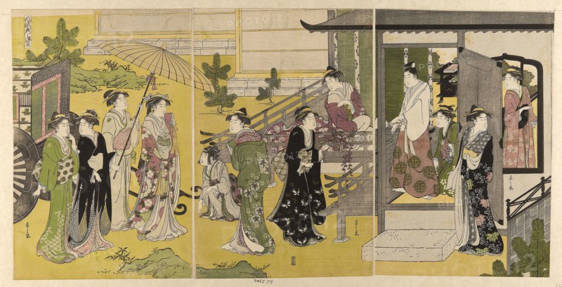Fuji no uraba, from the series A Fashionable Parody of the Tale of Genji (Furyu yatsushi Genji), c. 1789/94, Chobunsai Eishi, Japanese, 1756-1829, Japan, Color woodblock print, oban triptych, 38 x 76.7 cm
