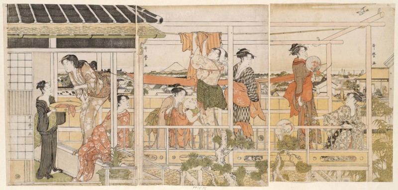 Drying Clothes (Monohoshi), c. 1790, Kitagawa Utamaro ??? ??, Japanese, 1753 (?)-1806, Japan, Color woodblock prints, oban triptych, 36.7 x 25.6 cm (right sheet), 36.7 x 26.2 cm (center sheet), 36.1 x 25.1 cm (left sheet)
