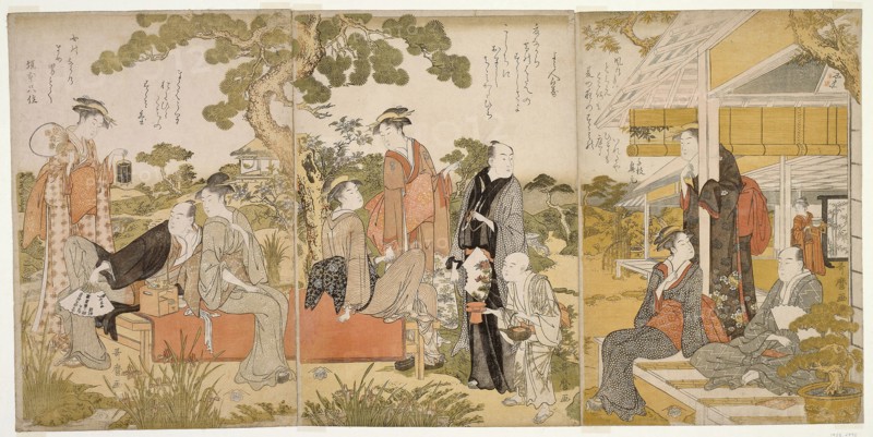 Enjoying the Cool in a Garden, c. 1788/90, Kitagawa Utamaro ??? ??, Japanese, 1753 (?)-1806, Japan, Color woodblock print, oban triptych, 38.7 x 26.0 cm (right sheet), 39.0 x 26.0 cm (center sheet), 39.0 x 26.5 cm (left sheet), 39.3 x 78.4 cm (both sheets)