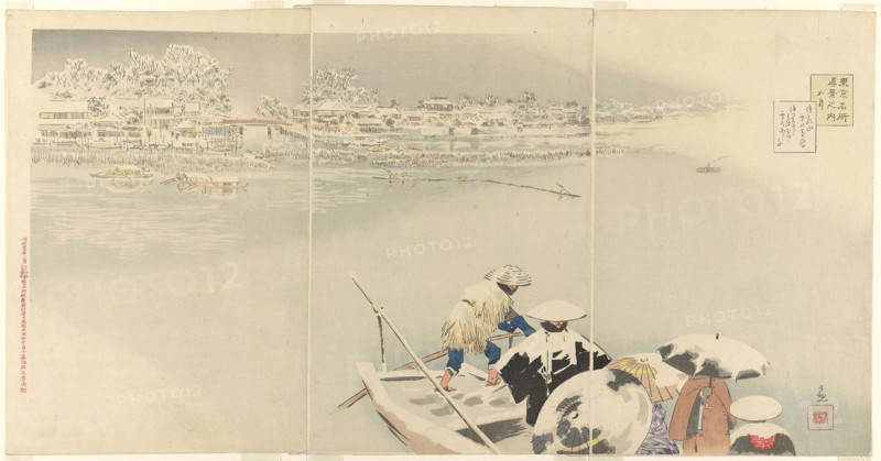 Second Month: Matsuchi Hill in Snow at Dusk (Kisaragi, Matsuchiyama yuki no tasogare), from the series True Views of Famous Places in Tokyo (Tokyo meisho shinkei no uchi), 1896, Kobayashi Kiyochika, Japanese, 1847-1915, Japan, Color woodblock print, oban triptych, 38.3 x 26.0 cm (left), 38.6 x 25.9 cm (center), 38.3 x 26.0 cm (right)
