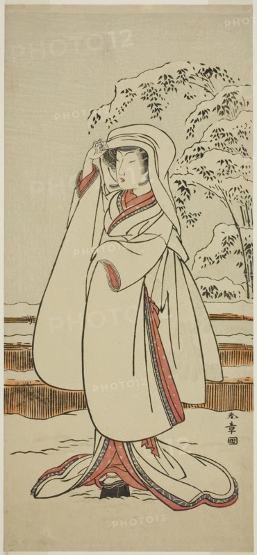 The Actor Segawa Tomisaburo I as the Heron Maiden (Sagi Musume), c. 1774, Katsukawa Shunsho ?? ??, Japanese, 1726-1792, Japan, Color woodblock print, hosoban, 32.9 x 14.9 cm (12 15/16 x 5 7/8 in.)