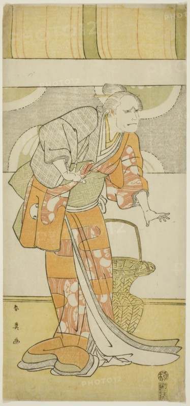 The Actor Arashi Ryuzo II as Hachijo, Wet Nurse of Taira no Kiyomori, in Act Three of the Play Gempei Hashira-goyomi (Pillar Calendar of the Genji and Heike Clans), Performed at the Kiri Theater from the First Day of the Eleventh Month, 1795, c. 1795, Katsukawa Shun’ei, Japanese, 1762-1819, Japan, Color woodblock print, hosoban, part of a multisheet composition, 32.2 x 14.9 cm (12 11/16 x 5 7/8 in.)