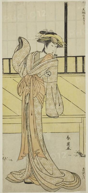 The Actor Segawa Kikunojo III as Okaru in the Play Kanadehon Chushingura, Performed at the Morita Theater in the Eighth Month, 1787, c. 1787, Katsukawa Shun’ei, Japanese, 1762-1819, Japan, Color woodblock print, hosoban, left sheet of diptych (?), 32 x 14 cm (12 5/8 x 5 1/2 in.)