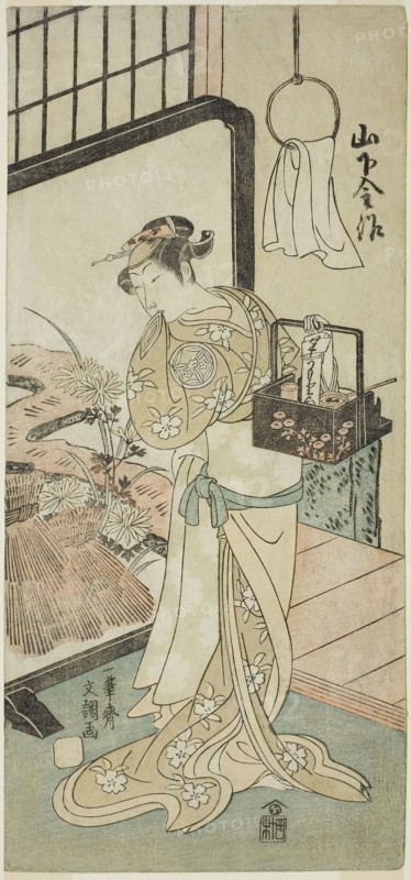 The Actor Yamashita Kinsaku II as Oume, Wife of Kisaku, in the Play Nue no Mori Ichiyo no Mato, Performed a the Nakamura Theater in the Eleventh Month, 1770, c. 1770, Ippitsusai Buncho, Japanese, active c. 1755-90, Japan, Color woodblock print, hosoban, 31.2 x 14.4 cm (12 5/16 x 5 11/16 in.)