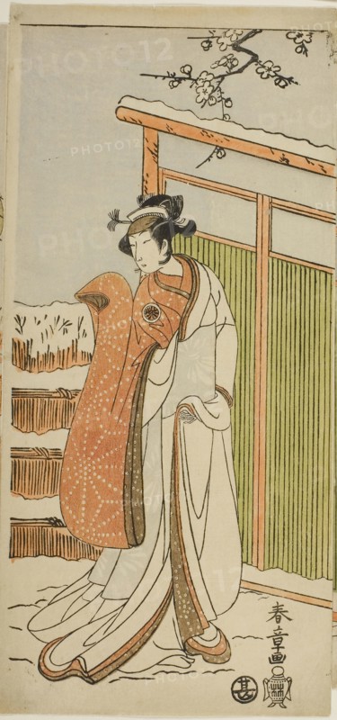 The Actor Segawa Kikunojo II as Yuki Onna (the Snow Woman) in a dance interlude in scene two of the Joruri Courtesan’s Rouge on a Snow White Face (Oyama Beni Yuki no Sugao) from the play Cotton Wadding of Izu Protecting the Matrimonial Chrysanthemums (Myoto-giku Izu no Kisewata), performed at the Ichimura Theater from the first day of the eleventh month, c. 1770, Katsukawa Shunsho ?? ??, Japanese, 1726-1792, Japan, Color woodblock print, center sheet of hosoban triptych, 30.6 x 14.3 cm (12 1/16 x 5 5/8 in.)