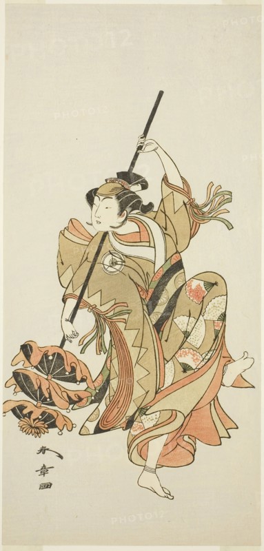 The Actor Iwai Hanshiro IV in the Sangai-gasa (Triple-Umbrella) Dance Interlude of the Joruri Yukashii wa Miyako no Naredoko (Yearning After One’s Own Bedchamber in the Capital), from Part Two of the Play Kuni no Hana Ono no Itsumoji (Flower of Japan: Ono no Komachi’s Five Characters), Performed at the Nakamura Theater from the First Day of the Eleventh Month, 1771, c. 1771, Katsukawa Shunsho ?? ??, Japanese, 1726-1792, Japan, Color woodblock print, hosoban, 30.8 x 14.5 cm (12 1/8 x 5 11/16 in.), Prayer Rug, 1850/1900, Turkey, Kula, Turkey, Blue mihrab, multiple border, 177.8 x 124.5 cm (70 x 49 in.)