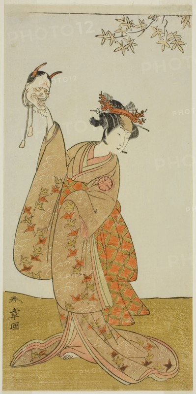 The Actor Segawa Yujiro I as Matsukaze, Sister of Togashi no Saemon, in the Play Gohiiki Kanjincho (Your Favorite Play Kanjincho [The Subscription List]), Performed at the Nakamura Theater from the First Day of the Eleventh Month, 1773, c. 1773, Katsukawa Shunsho ?? ??, Japanese, 1726-1792, Japan, Color woodblock print, hosoban, possibly the left sheet of triptych, 30.2 x 14.3 cm (11 7/8 x 5 5/8 in.)