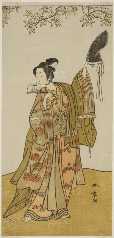The Actor Ichikawa Monnosuke II as Shimokobe Shoji Yukihira, in the Play Gohiiki Kanjincho (Your Favorite Play Kanjincho [The Subscription List]), Performed at the Nakamura Theater from the First Day of the Eleventh Month, 1773, c. 1773, Katsukawa Shunsho ?? ??, Japanese, 1726-1792, Japan, Color woodblock print, hosoban, center sheet of triptych (?), 30.2 x 14.3 cm (11 7/8 x 5 5/8 in.)