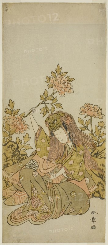 The Actor Nakamura Noshio I in a Shak-kyo Odori (Stone Bridge Dance), in the Play Onna Aruji Hatsuyuki no Sekai, Performed at the Morita Theater in the Eleventh Month, 1773, c. 1773, Katsukawa Shunsho ?? ??, Japanese, 1726-1792, Japan, Color woodblock print, hosoban, 32.7 x 14.2 cm (12 7/8 x 5 9/16 in.)
