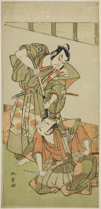 The Actors Ichikawa Yaozo II as Konoshita Hyokichi (?) (right), and Sakata Hangoro II as Matsunaga Daizen Hisahide (?) (left), in the Play Gion Sairei Shinko Ki (?), Perfomred at the Ichimura Theater (?) in the Fifth Month, 1775 (?), c. 1775, Katsukawa Shunsho ?? ??, Japanese, 1726-1792, Japan, Color woodblock print, hosoban, 32.3 x 15.3 cm (12 11/16 x 6 in.)
