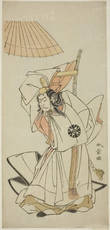 The Actor Nakamura Nakazo I as Prince Koreakira, Younger Brother of Emperor Go-Toba, in the Play Gohiiki Kanjincho (Your Favorite Play Kanjincho [The Subscription List]), Performed at the Nakamura Theater from the First Day of the Eleventh Month, 1773, c. 1773, Katsukawa Shunsho ?? ??, Japanese, 1726-1792, Japan, Color woodblock print, hosoban, 32.5 x 14.9 cm (12 13/16 x 5 7/8 in.)