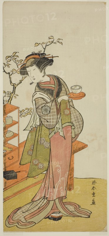 The Actor Nakamura Tomijuro I as the Waitress Otake in the Play Chigo Suzuri Aoyagi Soga, Performed at the Nakamura Theater in the First Month, 1777, c. 1777, Katsukawa Shunsho ?? ??, Japanese, 1726-1792, Japan, Color woodblock print, hosoban, 33 x 14.9 cm (13 x 5 7/8 in.)