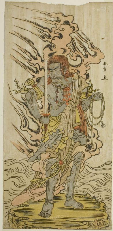 The Actor Ichikawa Danjuro V as a Stone Image of Fudo Myoo in the Play Kitekaeru Nishiki no Wakayaka, Performed at the Nakamura Theater in the Eleventh Month, 1780, c. 1780, Katsukawa Shunsho ?? ??, Japanese, 1726-1792, Japan, Color woodblock print, hosoban, left sheet of diptych, 31.1 x 14.8 cm (12 1/4 x 5 13/16 in.)