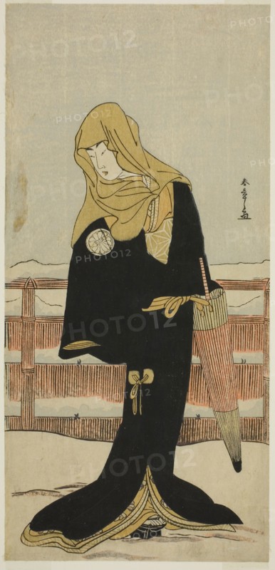 The Actor Segawa Kikunojo III as the Lady-in-Waiting Suho Disguised as Tsunokuniya Tsuna, in the Play Shitenno Tonoi no Kisewata, Performed at the Nakamura Theater in the Eleventh Month, 1781, c. 1781, Katsukawa Shunsho ?? ??, Japanese, 1726-1792, Japan, Color woodblock print, hosoban, 31.5 x 15 cm (12 3/8 x 5 7/8 in.)