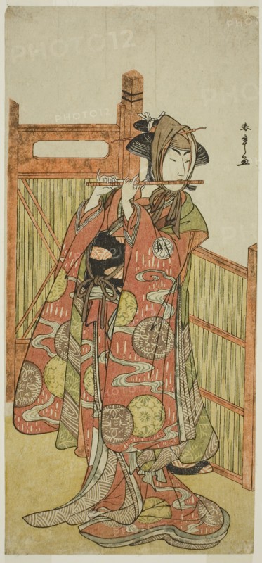 The Actor Segawa Kikunojo III as Kojoro-gitsune Disguised as the Florist Okiku in the Play Mure Takamatsu Yuki no Shirahata, Performed at the Ichimura Theater in the Eleventh Month, 1780, c. 1780, Katsukawa Shunsho ?? ??, Japanese, 1726-1792, Japan, Color woodblock print, hosoban, 31.5 x 14.7 cm (12 3/8 x 5 13/16 in.)