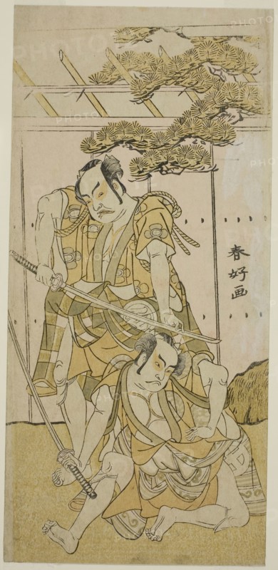 The Actors Otani Hiroji III as Onio Shinzaemon (right), and Nakamura Sukegoro II as Wappa no Kikuo (left) in the Play Iro Moyo Aoyagi Soga, Performed at the Nakamura Theater in the First Month, 1775, c. 1775, Katsukawa Shunko I, Japanese, 1743-1812, Japan, Color woodblock print, hosoban, 29.5 x 13.7 cm (11 5/8 x 5 3/8 in.)