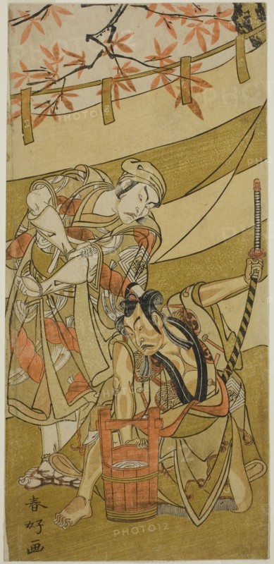 The Actors Ichikawa Raizo II as Kojiro Masahira (right) and Ichikawa Danzo IV as Doi no Yataro (left), in the Play Kaomise Ama no Iwato, Performed at the Nakamura Theater in the Eleventh Month, 1774, c. 1774, Katsukawa Shunko I, Japanese, 1743-1812, Japan, Color woodblock print, hosoban, 29.6 x 13.7 cm (11 5/8 x 5 3/8 in.)